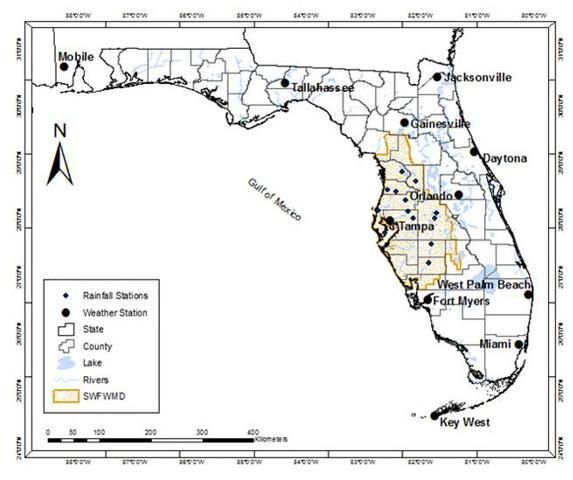 Map showing the locations of weather stations (large dots) and rain gauges (small dots).