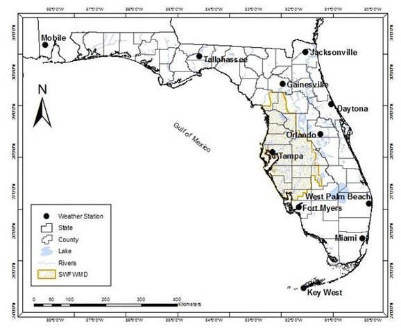  Map showing locations of weather stations for this study. 