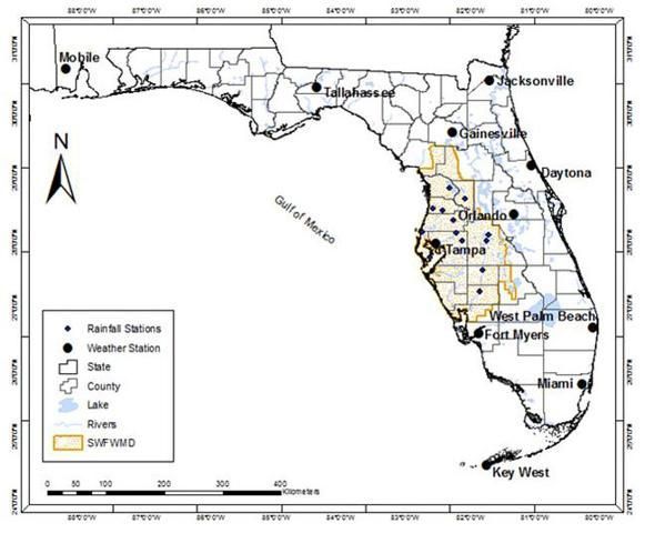  Map showing weather station locations (large dots) and rain gauges (small dots). 