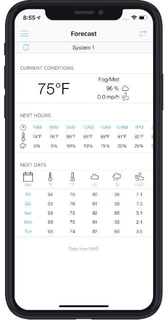 cell phone screen showing forecast, current conditions, next hours, and next days