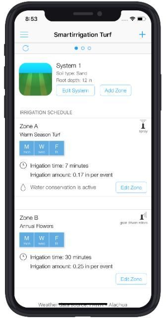 cell phone screen showing irrigation schedule for zones A and B in System 1, soil type sand, root depth 12 in