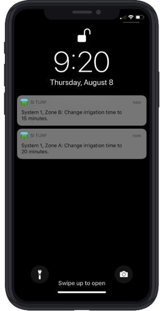 cell phone notifications to change irrigation times in zone a and zone be