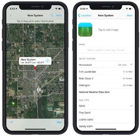 two cell phone screens, on the left a map showing a new system pin in Homestead, lat: 25.477, long: -80.477; the right one has a form with an image, name, station selection, and soil type.