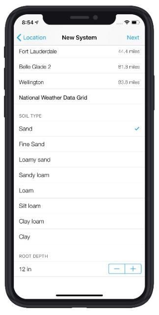 cellphone screen showing bottom part of new system form, showing soil type selection and root depth entry