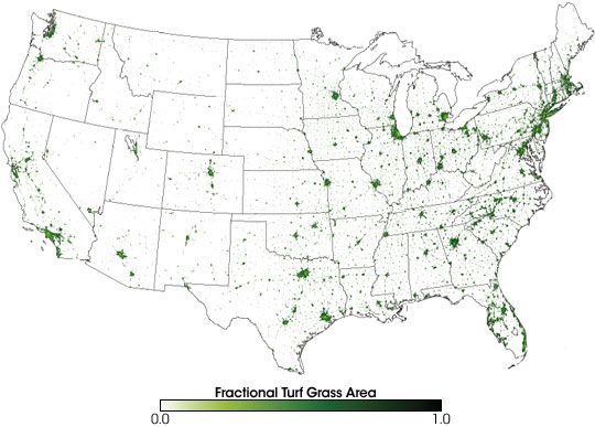 outline map of the contintental united states showing green coloring shaded from light to dark indicating fractional turf grass area.