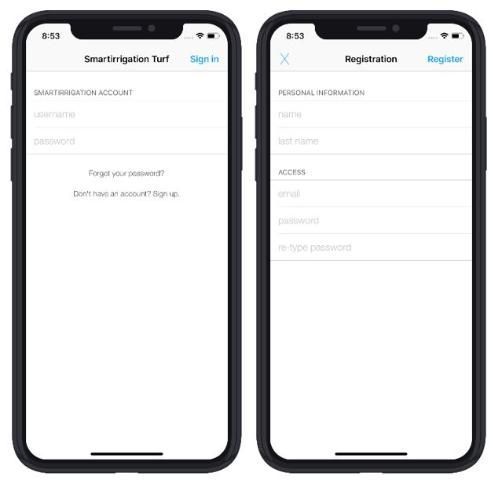 two cell phone screens, the left hand shows a mostly blank Sign in page, the right one a registration form asking for name, email, and password