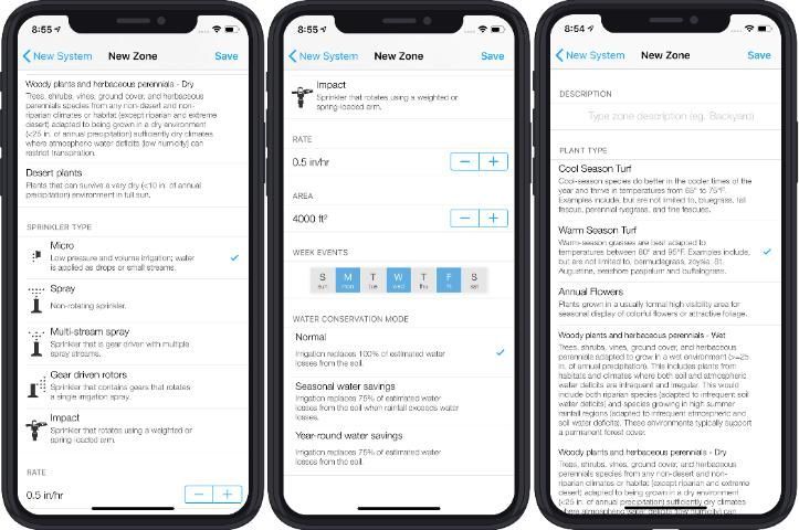 three cell phone screens left: sprinkler type selection; middle: rate and area, days of the week, and water conservation mode; right: description and plant type