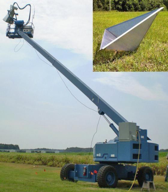 Figure 9. UF-LARS mounted on the 25 m Genie platform. (Inset) Trihedral calibration target made of aluminum with an aperture length of 1.28 m.