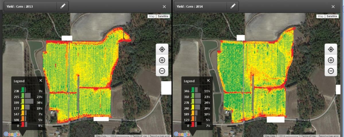 Figure 14. Yield maps showing spatial variability of corn yield. The legend shows ranges of bushels per acre on the left of the color scale and percentage of the field within the corresponding yield ranges on the right.