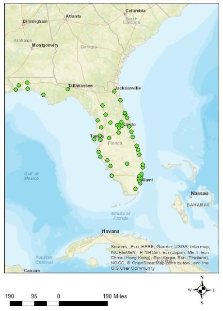 Figure 3. Map showing the Part 107 test locations available across Florida.