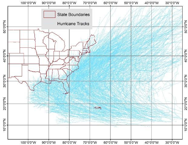 Figure 1. Paths of historical hurricanes.