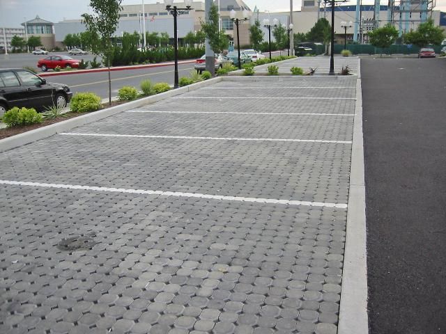 Figure 3. Newly installed PICP parking stalls as part of a commercial installation. Note the curb separating landscaping and directing runoff away from the pavement surface.