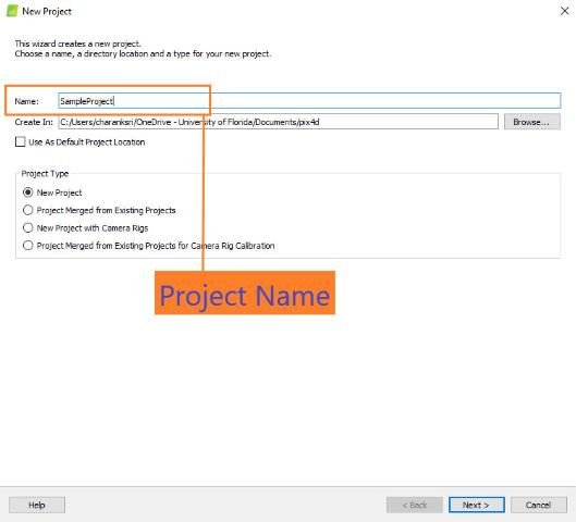 Figure 1. Screenshot of Pix4Dmapper's New Project window showing the name of the project and the project location.