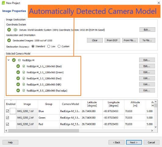 Figure 3. Screenshot of Pix4Dmapper's Image Properties window showing the images selected with their location data, the coordinate system, and the detected camera model.