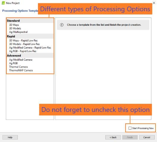 Figure 4. Screenshot of Pix4Dmapper's Processing Options Template window showing the different types of processing options and the Start Processing Now option.