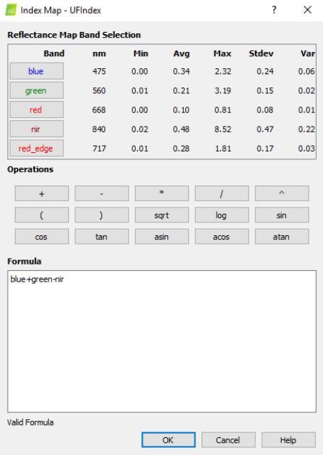 Figure 10. Screenshot of Pix4Dmapper Index Map custom index window showing the method to enter the formula for a custom index.