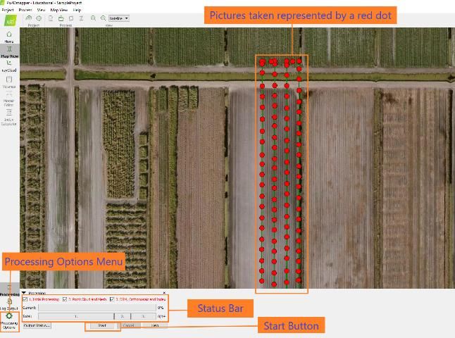 Figure 5. Screenshot of Pix4Dmapper window showing the collected data, processing options menu, status bar, and start button.