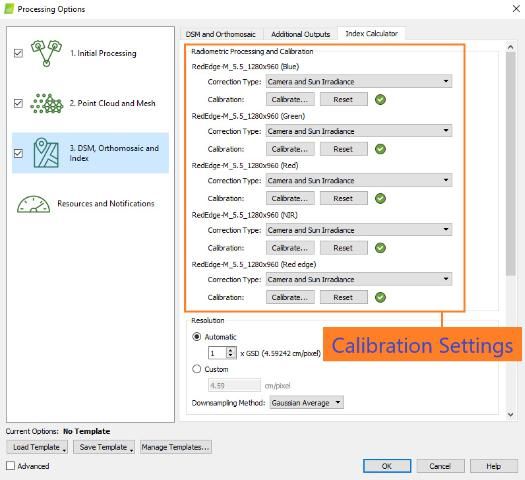 Figure 6. Screenshot of Pix4Dmapper window showing the calibration settings where the calibration details can be entered.