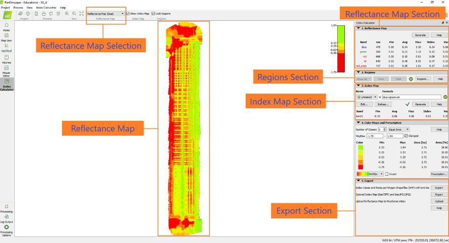 Figure 11. Screenshot of the Pix4Dmapper Index Calculator tab showing the Reflectance map result and various types of Reflectance Map selections available in the dropdown menu. It also shows different sections on the right side of the image.