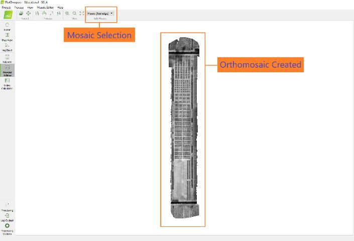 Figure 9. Screenshot of Pix4Dmapper Mosaic Editor tab showing the orthomosaic result and various types of mosaic selections available in the dropdown menu.