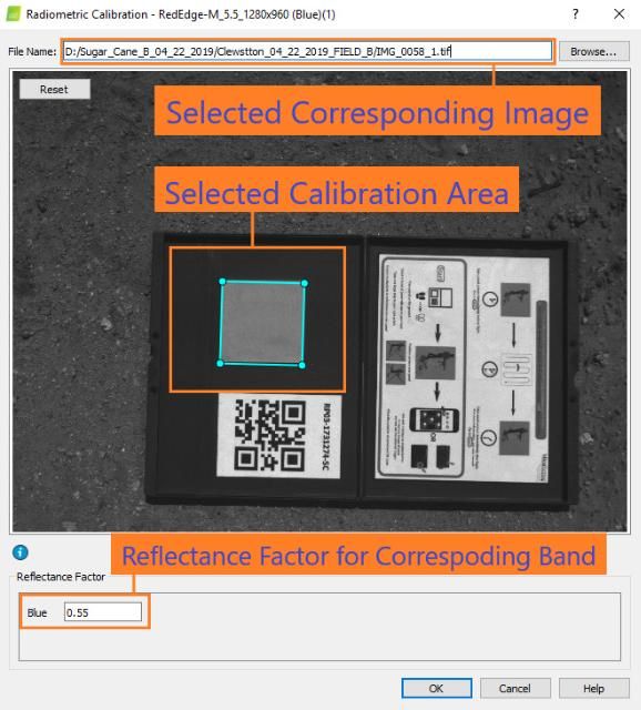 Figure 7. Screenshot of Pix4Dmapper calibration window showing the corresponding image for the particular band selected, calibration area drawn using the cursor, and reflectance factor entered for the particular band.