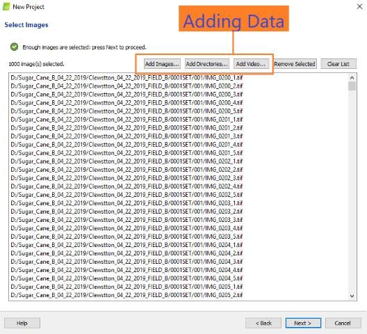 Figure 2. Screenshot of Pix4Dmapper's Add Data window showing the images selected and different types of data that can be added.