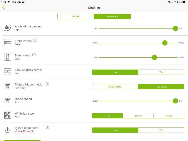 Figure 6. Screenshot of Pix4Dcapture app showing various settings options for overlaps, picture trigger mode, drone speed, etc.