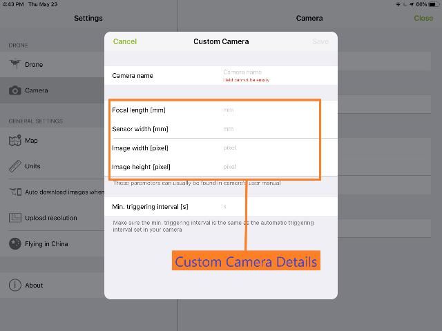 Figure 3. Screenshot of Pix4Dcapture app showing the different settings required for adding a custom camera to the UAV.