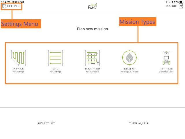 Figure 4. Screenshot of Pix4Dcapture app showing the different mission types and the settings menu.