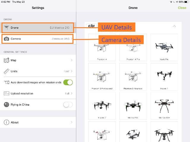 Figure 2. Screenshot of Pix4Dcapture app showing the details of UAV connected (i.e., DJI Matrice 210) and the sensor connected (i.e., Zenmuse X5S).