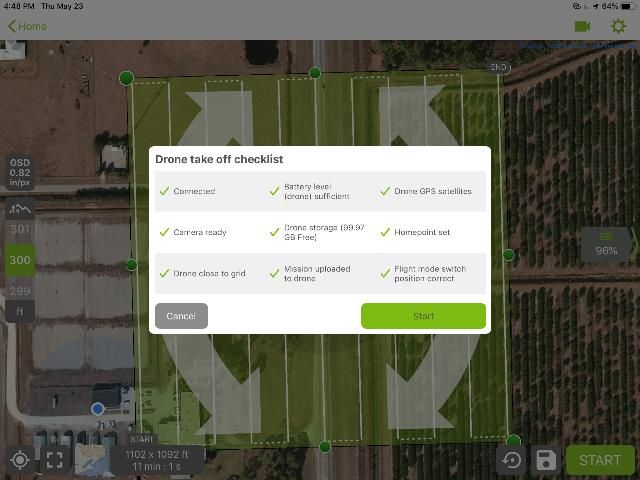 Figure 7. Screenshot of Pix4Dcapture app showing the checklist before takeoff. The UAV starts only when all the conditions are met, indicated by a green checkmark.