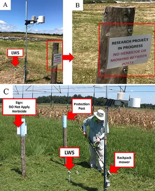 Figure 10. Print and install a sign near the weather station. (A) A warning sign and protection post near the weather station and LWS. (B) The sign says, 