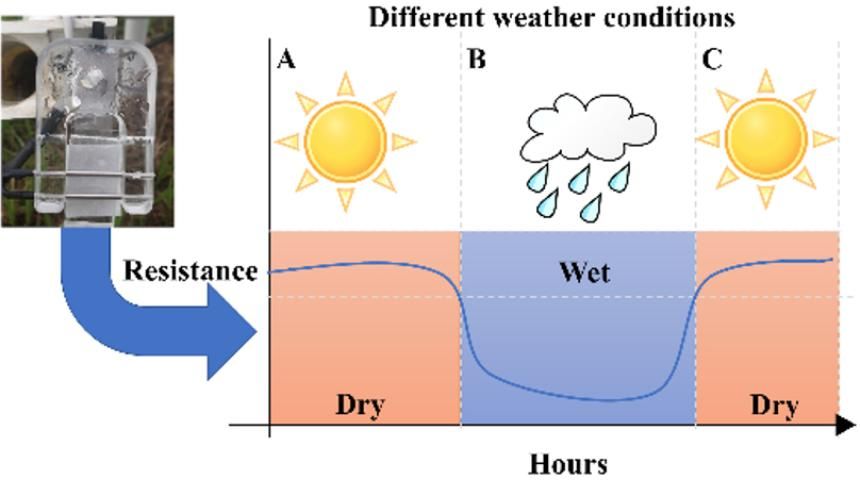 Figure 2. Illustration of leaf wetness and resistance behavior during different weather conditions. A and C represent dry events while B shows a wet period that causes the resistance to drop. The datalogger tracks how long the sensor was wet.