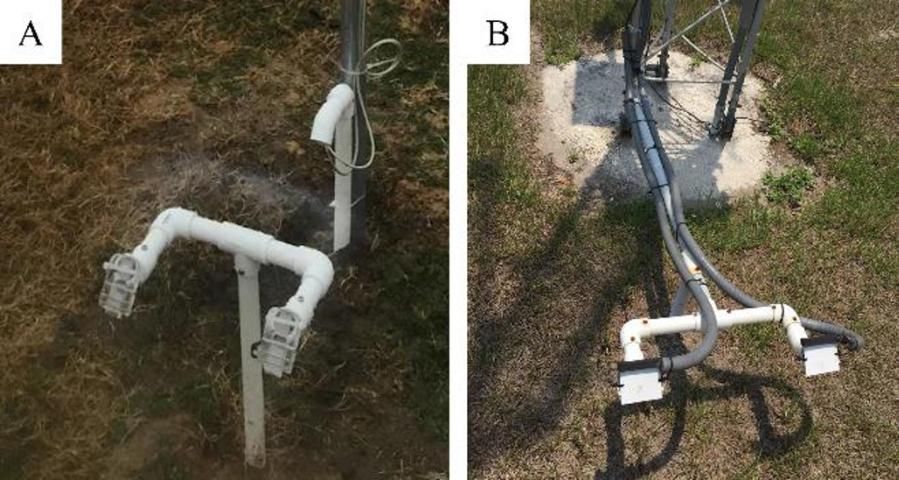 Figure 4. Proper leaf wetness sensor installation in the field. (A) Pair of paper-based LWSs with buried cables. (B) FAWN (Florida Automated Weather Network) station LWS with a pair of protected Campbell 237L cables.
