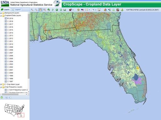 Figure 5. Screenshot of the CropScape – CDL viewer. A user can select the year of interest on the screen's left side and view the corresponding map on the right side.