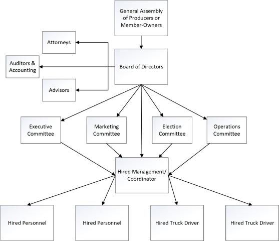 Figure 2. The organizational structure of a proposed marketing cooperative for F2S procurement. Producers or member-owners form the general assembly. The elected members of the board of directors form various committees that delegate responsibility to hired management who, in turn, delegate to hired personnel and truck drivers.