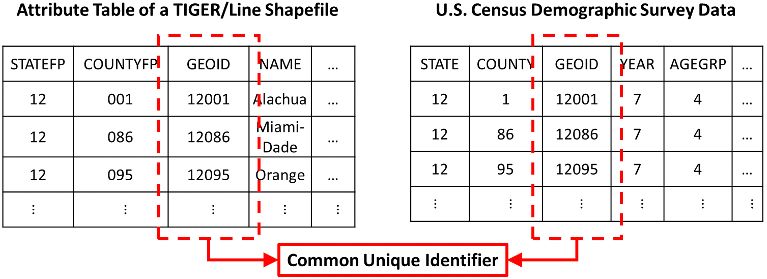 Joining two datasets using a common unique identifier (GEOID).