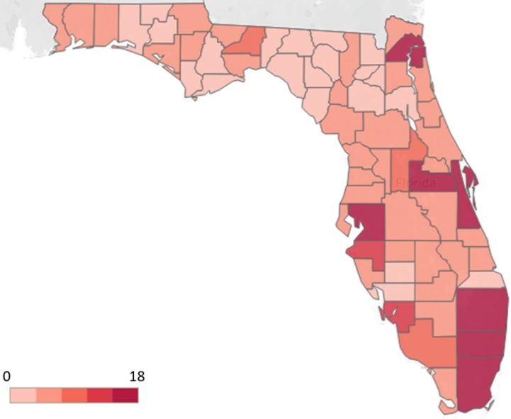 Heat-related death distribution in Florida counties.