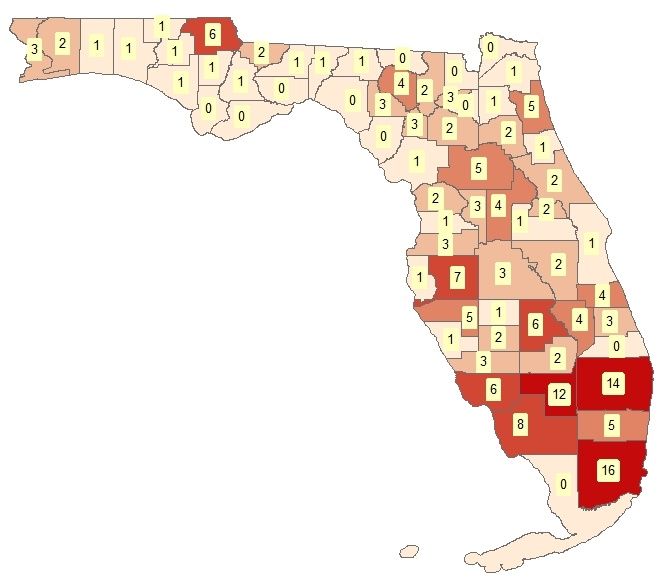 Unintentional agricultural fatalities by county. 