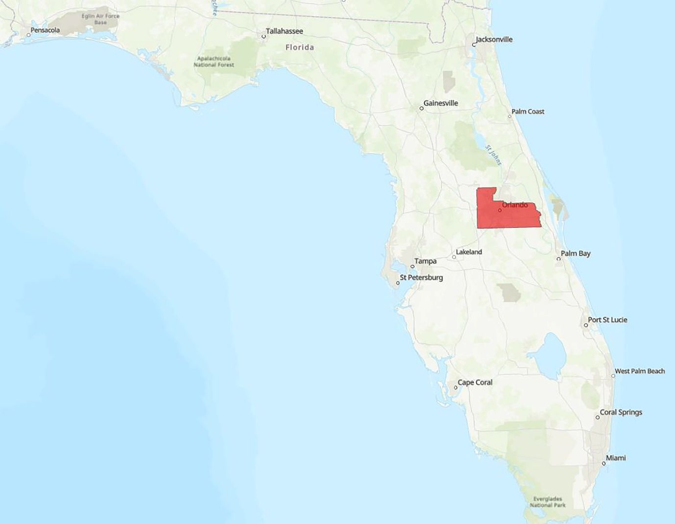 This publication focuses on Orange County, Florida. Orange County is outlined on the map in red.