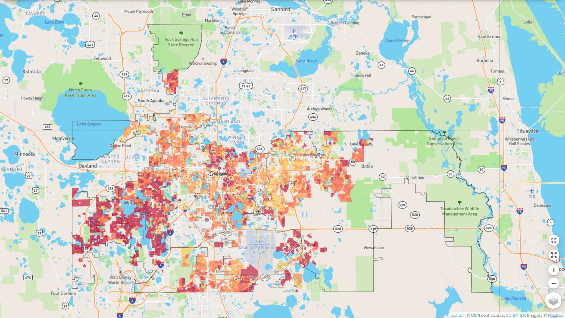Water consumption in Orange County, Florida. Color coding shows how some subdivisions use more water than others. Darker colors mean a higher water use.