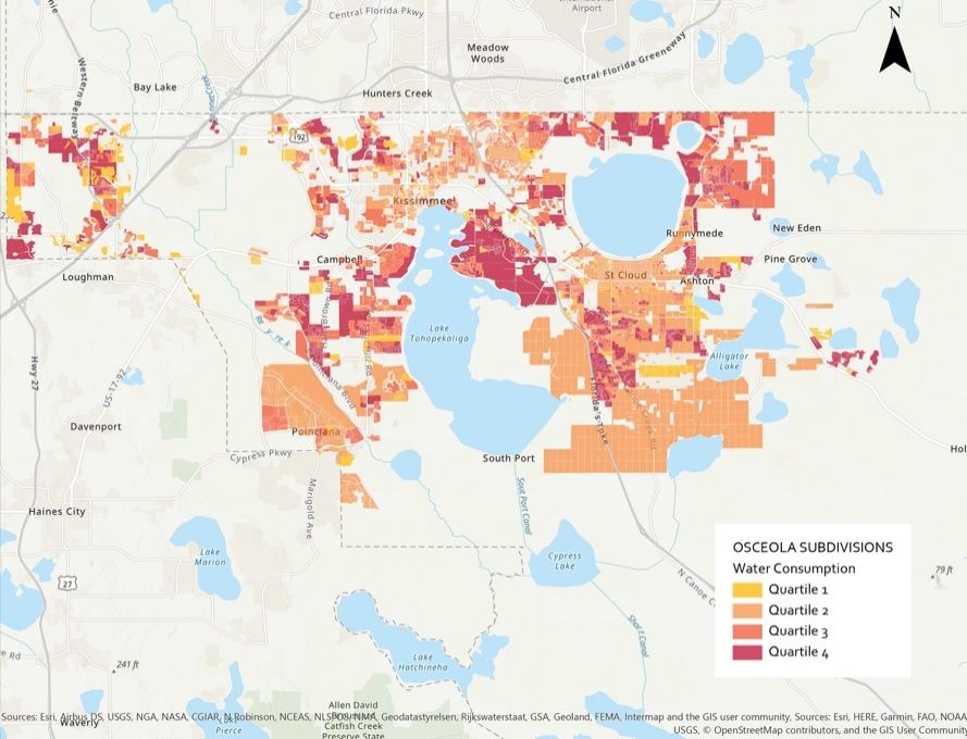 Average water use of subdivisions in Osceola County, Florida (calendar year 2020). Color coding shows how some subdivisions use more water than others. Darker colors mean a higher water use. 