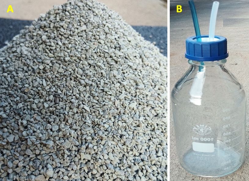 A) Grouting bentonite used as a sealant. B) Sampling bottle used to collect soil solution. 