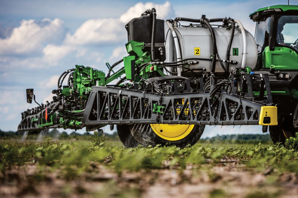 Computer vision system for target spraying for weeds. The sprayer is equipped with 36 cameras and machine learning algorithms to detect weeds among corn, soybean, and cotton plants. 