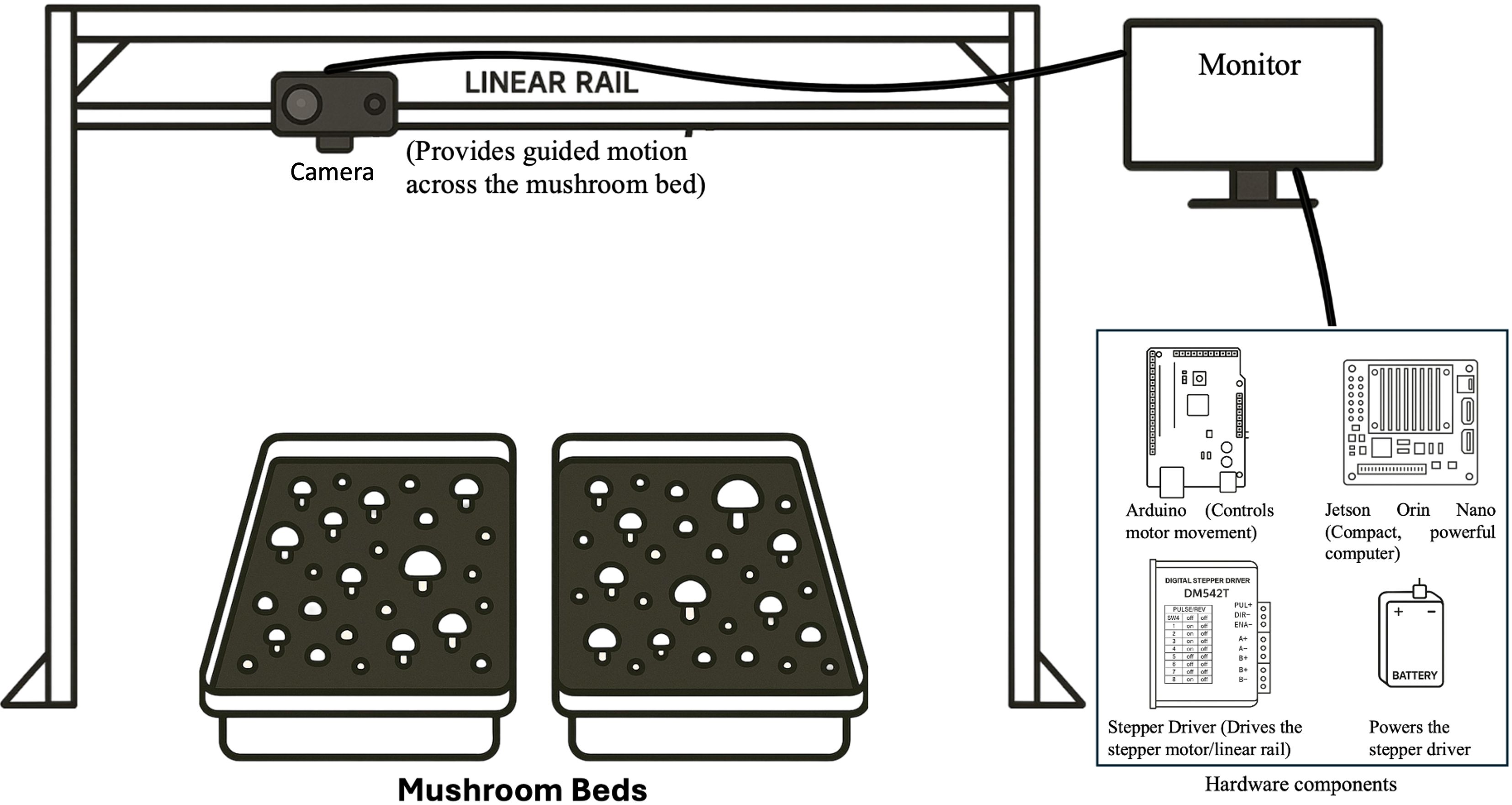Example setup of a computer vision system used to capture images over mushroom beds. A camera mounted on a linear rail moves across the bed to collect color and depth images. These images are processed by a connected computer to analyze features such as size, shape, or maturity.