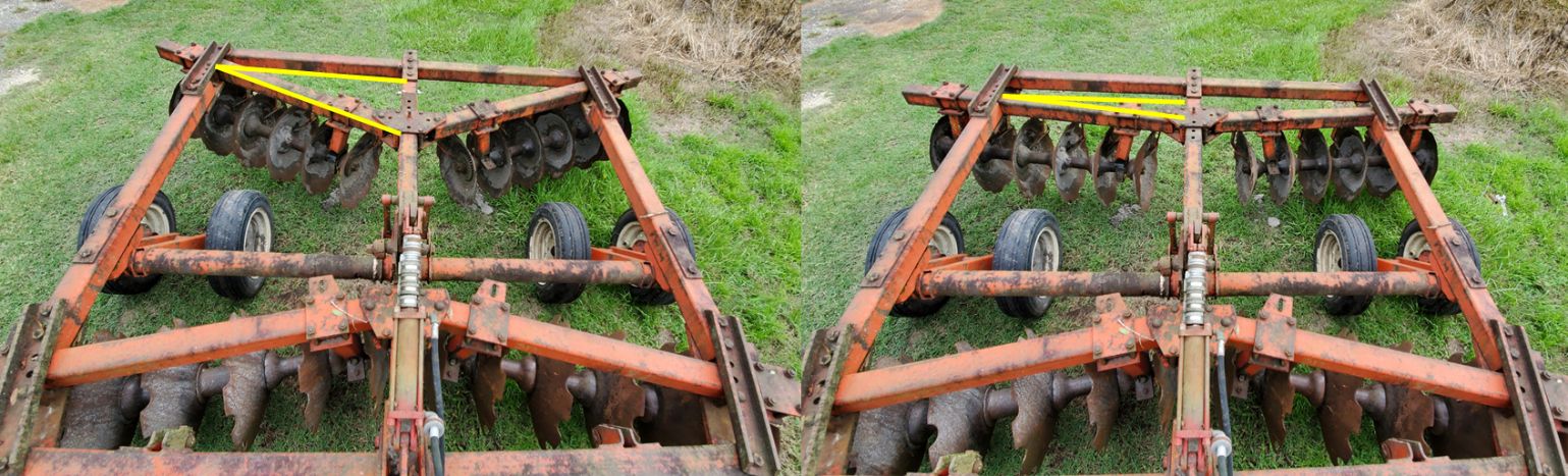 Heavy disk harrow with large (left) or small (right) gang angle, indicated by the yellow lines. A large angle increases disk penetration on soil and tillage, and is used for preparing the soil. A small angle can be used for pushing rhizomes or stolons into the soil without covering them excessively. 