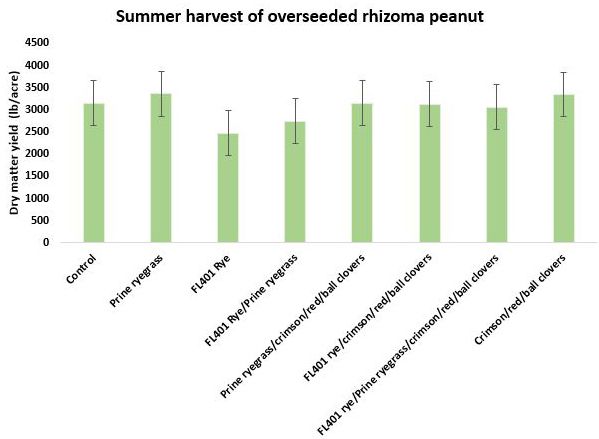 Figure 7. Summer forage yield of 'Florigraze' rhizoma peanut after overseed during the cool season with different forage options. UF/IFAS NFREC in Marianna, FL; 2016.