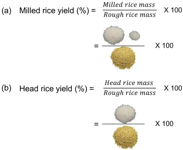 Figure 5. Pictorial representation of the calculation of (a) milled rice yield and (b) head rice yield.