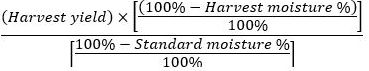 ((Harvest yield)  ×[(100%-Harvest moisture%)/100]  )/[(100%-Standard moisture%)/100] 