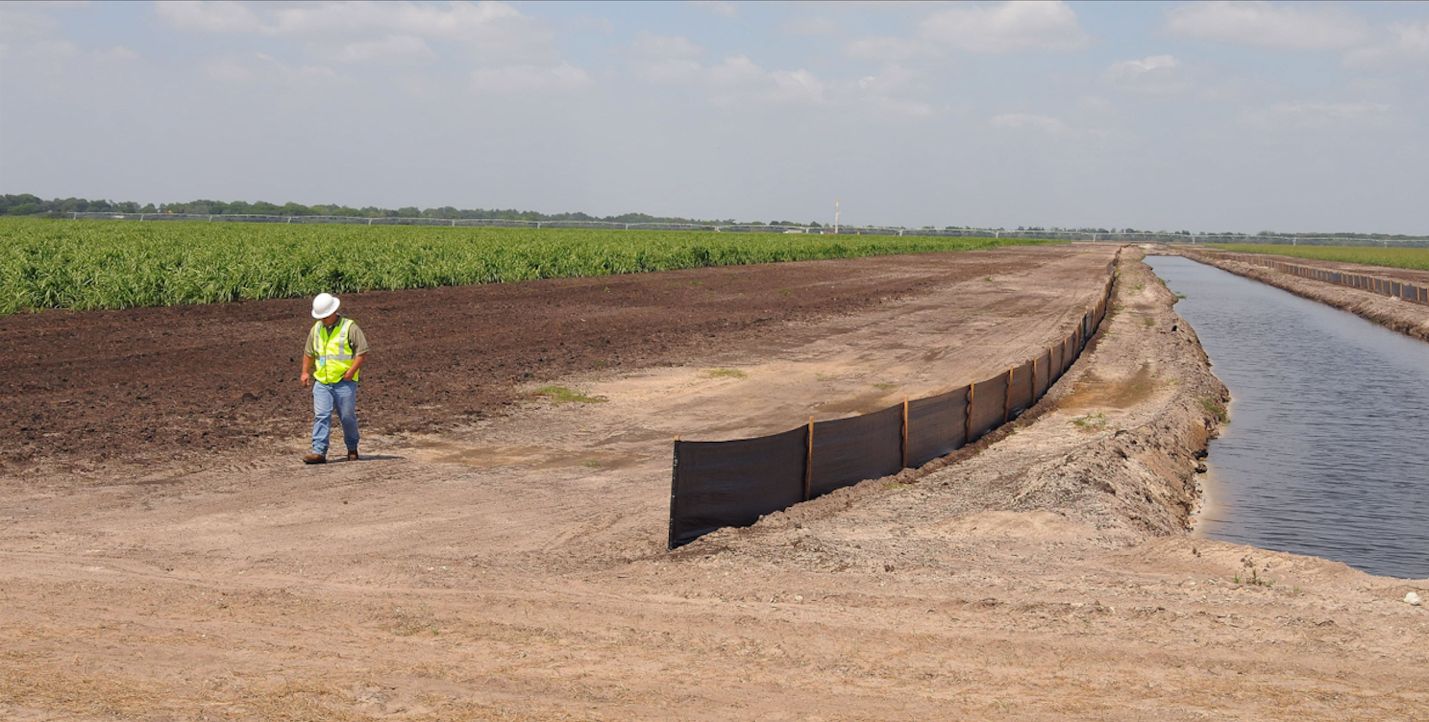 Bare earth buffer and silt fence that were implemented to contain hundred+ acre Napier grass (Pennisetum purpureum) planting in Lorida, Florida. 